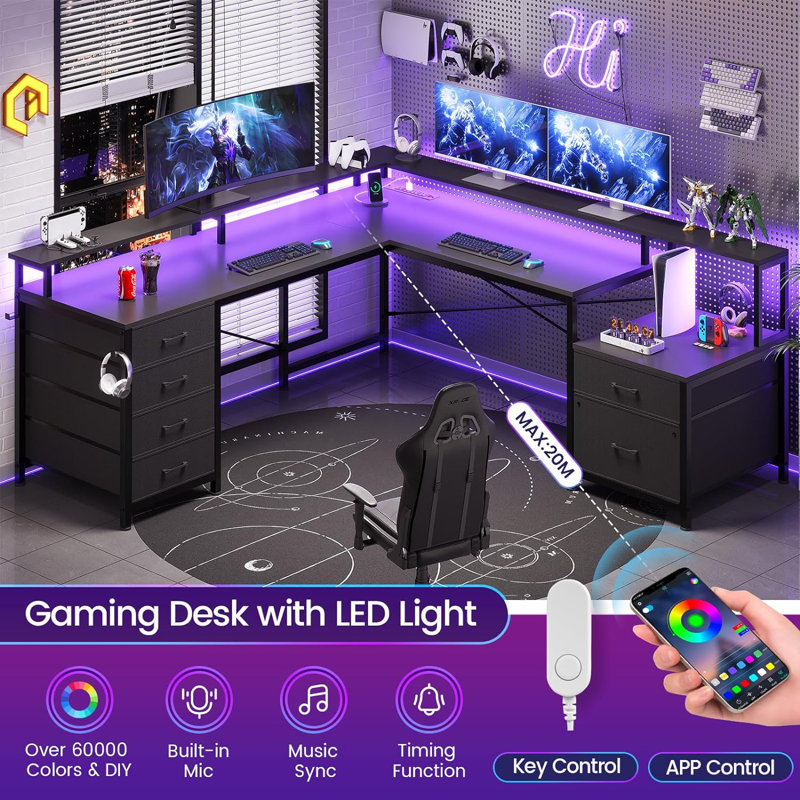 Rockville 108.2'' W L-Shaped Computer Desk with Drawers and Power Outlets, Black