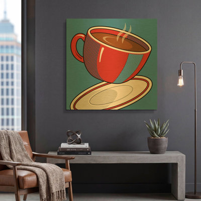 « Tasse de café rouge sur fond bleu », œuvre murale en métal doré de Ron Magnes, 91,4 cm x 91,4 cm
