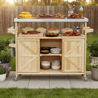 Farmhouse Outdoor Grill Table & Rolling Bar Cart - Solid Wood Kitchen Island with Stainless Steel Top, Storage Cabinet, Spice & Towel Racks