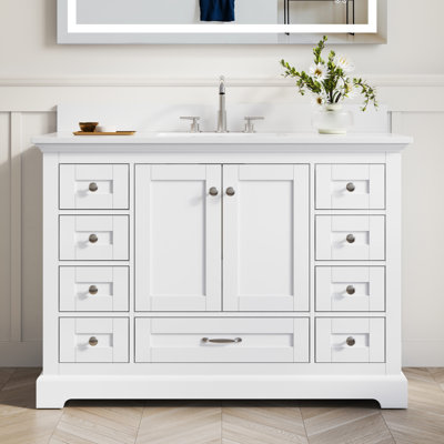 Freestanding Bathroom Vanity With White Cultured Marble Countertop And Sink