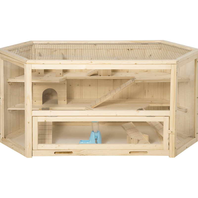 Cage à hamster en bois - 3 niveaux avec balançoires à bascule, bouteille d'eau et centre de jeu fascinant