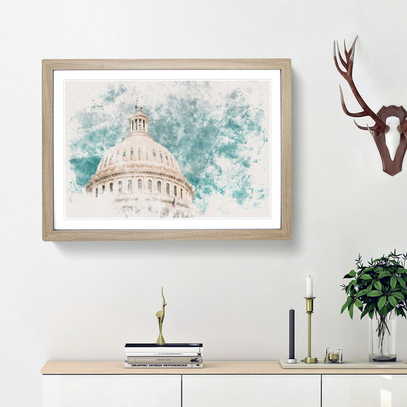 Capitol Hill White House - Picture Frame Painting Print, 62cm H x 87cm W x 2cm D, Oak Framed