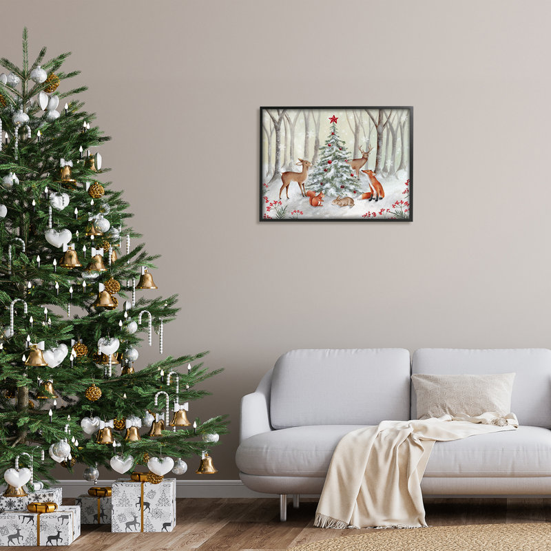 Ba-805 - Animaux de la forêt encadrés et arbre de Noël encadré sur bois par Emma Leach, Giclée encadrée noir minuit