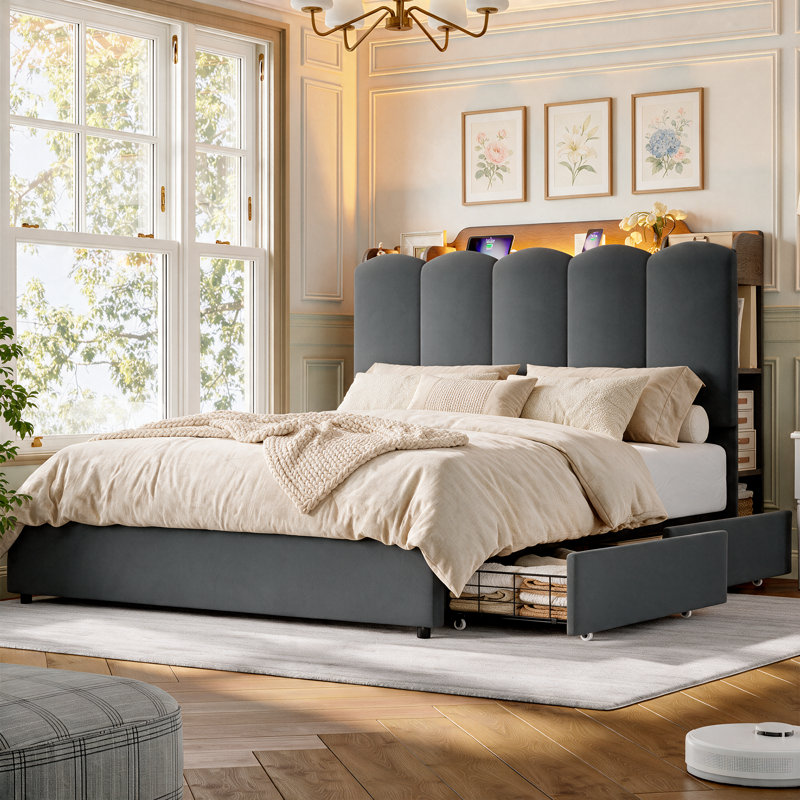Ensembles de chambre à coucher de grand lit 3 pièces avec tête de lit à DEL et station de charge intégrée, Gris / Noir