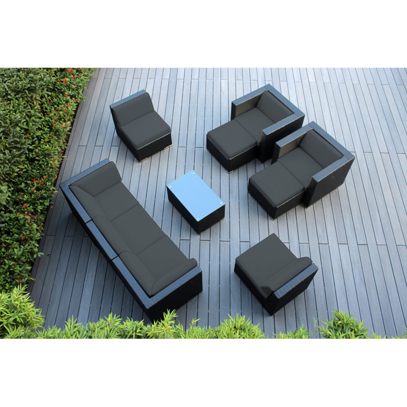 Ensemble de conversation en osier pour 7 personnes avec coussins Kiara, Sunbrella charbon, Mélange de bruns