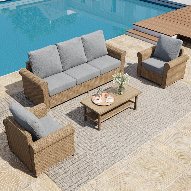 All-Weather Wicker 5 - Person Patio Conversation Sets with Coffee Table, Gray, No