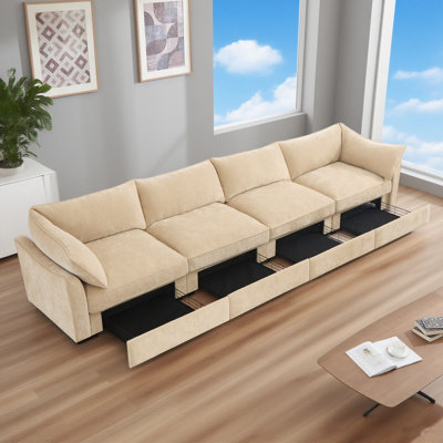 Extra Wide Deep Seat 4-Seater Sofa, Oversized Upholstered Couch with Built-In Under-Seat Storage Drawers for Living Room