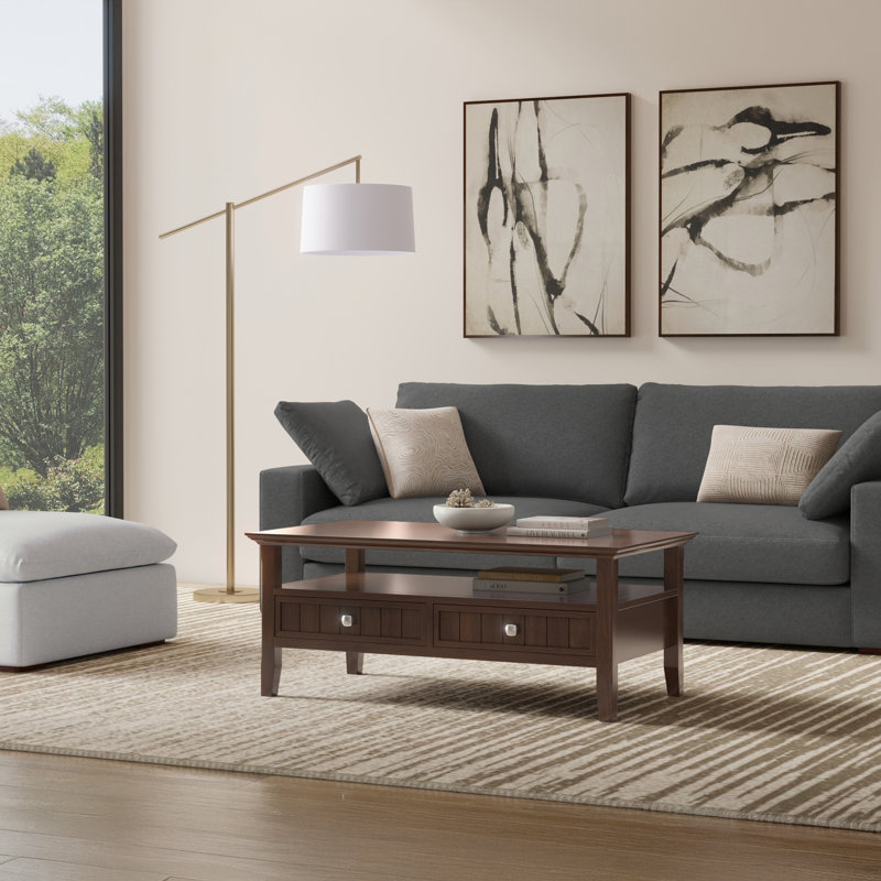Acadian 48"W Solid Wood Transitional Coffee Table with 2 Drawers, Storage Shelf and Tapered Legs