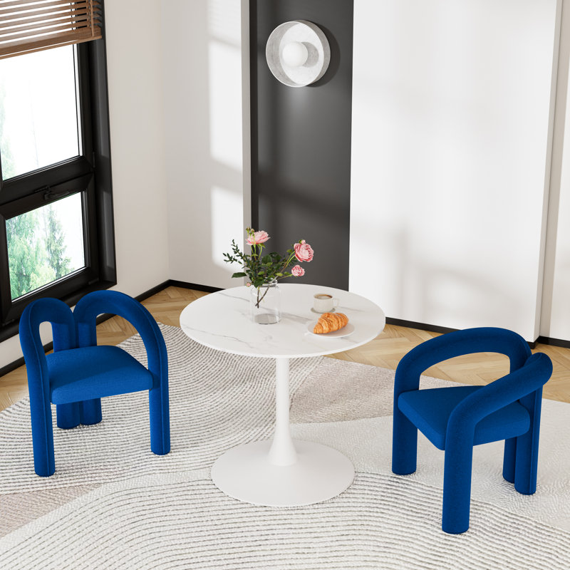 3-Piece Dining Table Set,Pedestal Dining Table With 2 Barrel Side Chairs, Blue, White