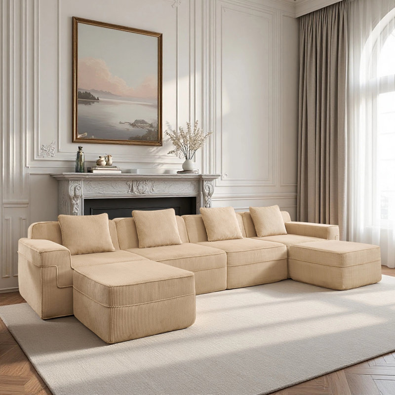 Canapé modulaire modulaire à 4 places en forme de U sans os, canapé modulaire Cloud avec assise profonde, canapé modulaire moderne à 4 places avec 2 repose-pieds mobiles, tissu en velours côtelé