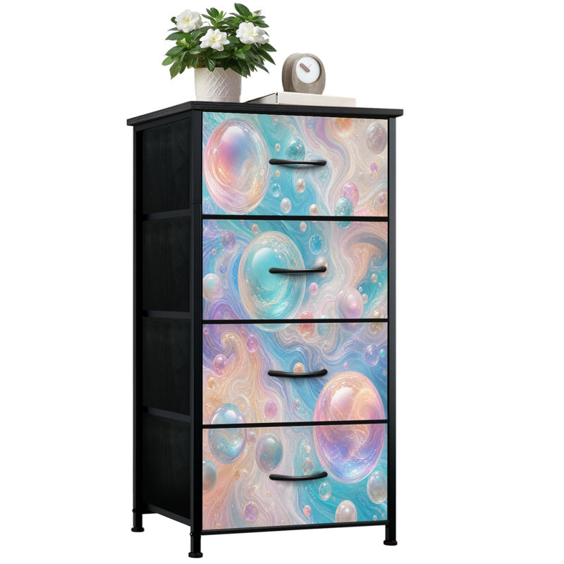 Commode de rangement verticale à 4 tiroirs avec bulles iridescentes abstraites, tourbillon de pastel et perle rose avec tiroirs en tissu