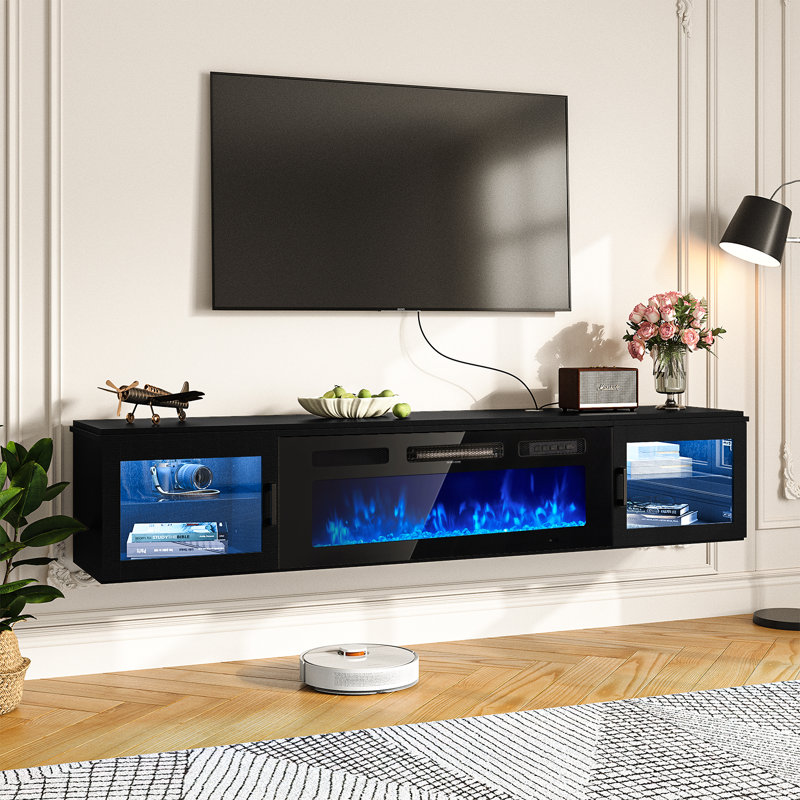 70'' Floating Fireplace Tv Stand With 36" Electric Fireplace, Led Light Entertainment Center With Storage, Wall Mounted Media Tv Console With Glass Door For Living Room