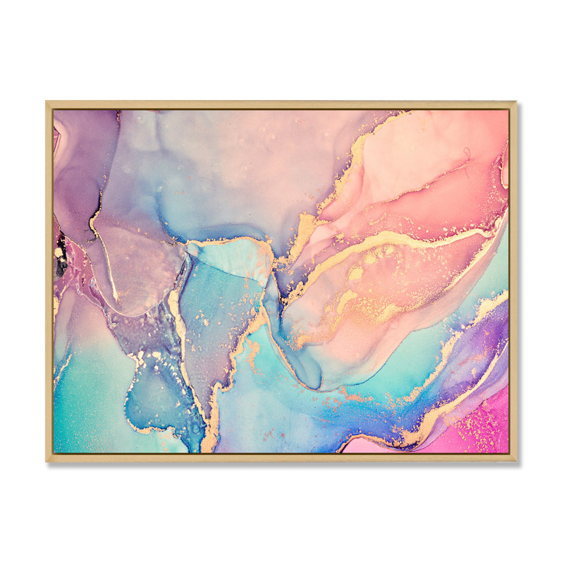 Art liquide rose et bleu II - reproduction sur toile, H 30 po x l 40 po, Cadre flottant brun