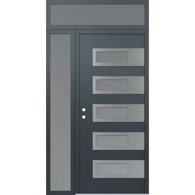 D3 Right-Hand 48 In. X 96 In. Panel Silver Steel Anthracite And Anthracite Frosted Glass With Sidelite And Transom Frosted Glass Prehung Front Entry Door