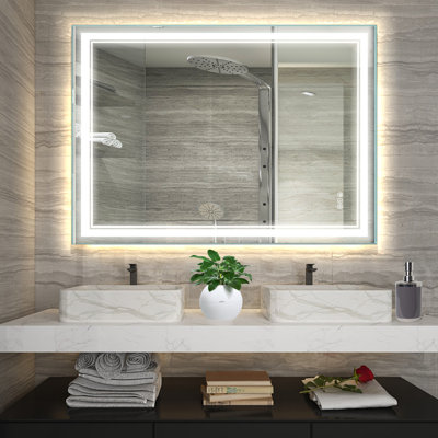  Miroir de salle de bain sans cadre à DEL avec éclairage avant et arrière, antibuée, gradation
