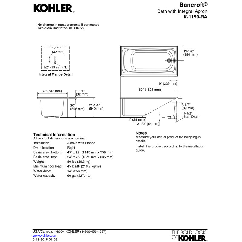 Bancroft 60" x 32" Alcove Soaking Acrylic Bathtub, Ice Grey, Right