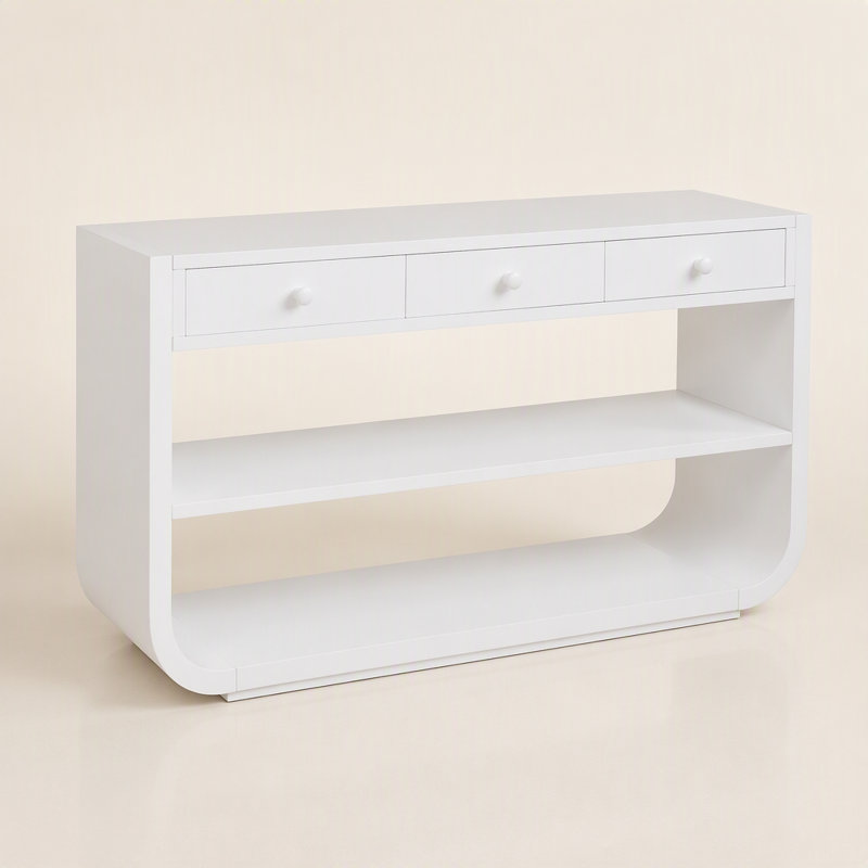 Console moderne avec 3 tiroirs à fermeture en douceur et 2 tablettes ouvertes, Blanc, Blanc, Blanc