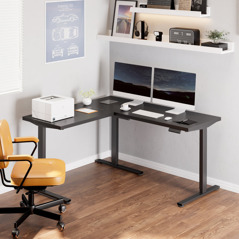 L-Shaped Home Office Height Adjustable Standing Desk, Black/Black, 47.2" H x 63" W x 39.4" D
