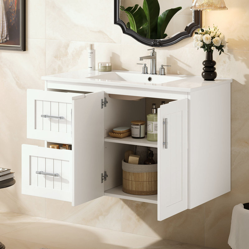 Meuble-lavabo mural avec lavabo en céramique et 2 tiroirs, Blanc