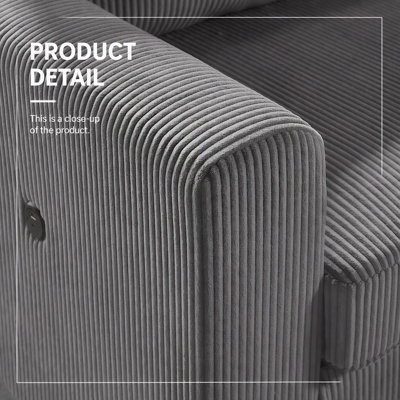 Canapé d'angle Rowan de 107 pouces de large en tissu velours côtelé gris foncé avec méridienne à droite, ports de chargement USB et USB-C, pouf de rangement et coussins.