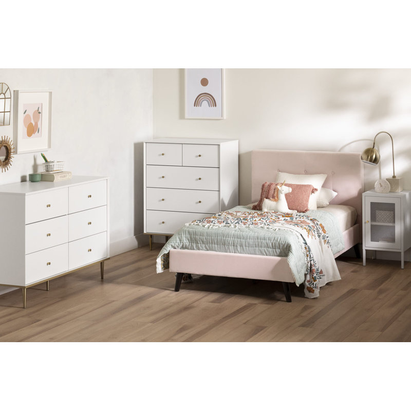 Pale Pink Velvet Twin Upholstered Platform Bed with Headboard