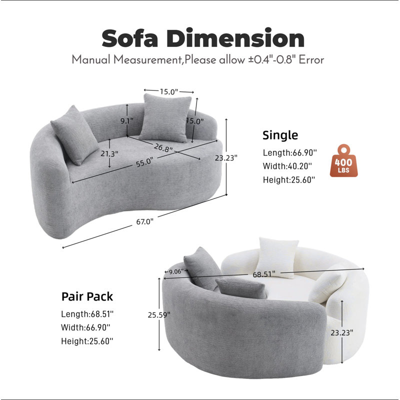 Causeuse S-Curved à double profondeur (21,3 po / 26,8 po), canapé éponge pleine compression gris clair, chenille modulaire pour petits appartements, L 66,9 po, 400 lb