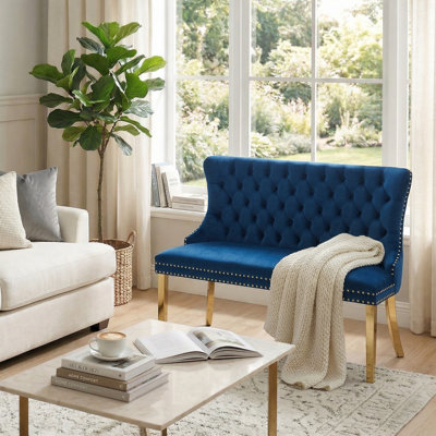 Velvet Upholstered Dining Bench with Tufted Back, Nailhead Trim and Metal Legs
