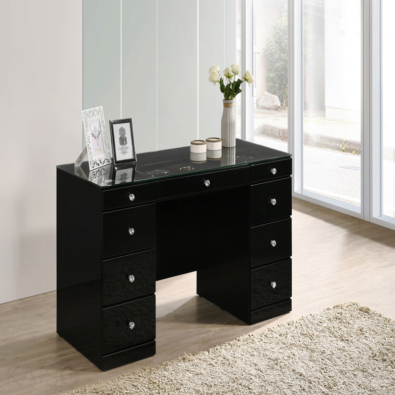 Meuble-lavabo en verre noir avec 9 tiroirs et 1 plateau de meuble-lavabo Glam, Noir