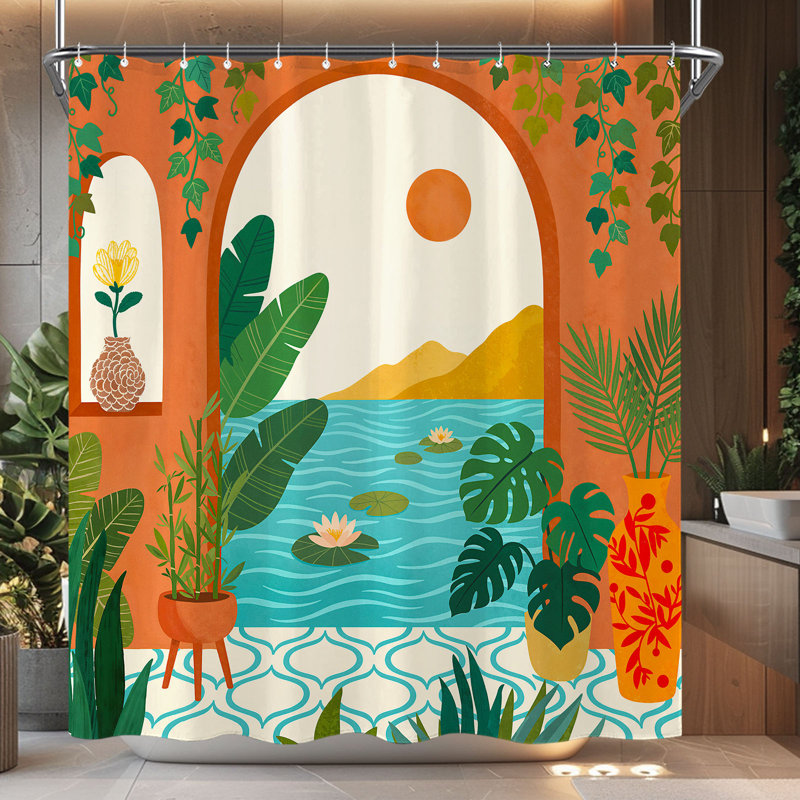 Ensemble de rideau de douche Boho Tropical Orange Palm Tree