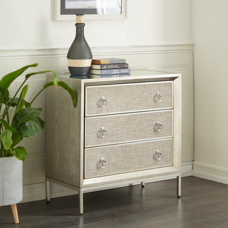 Beige Upholstered 3 Drawer Chest with Mirrored Top and Ring Handles