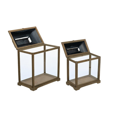 Ensemble de 2 porte-bougies en bois brun H 22,4 po de style Vintage Farmhouse Lanterns