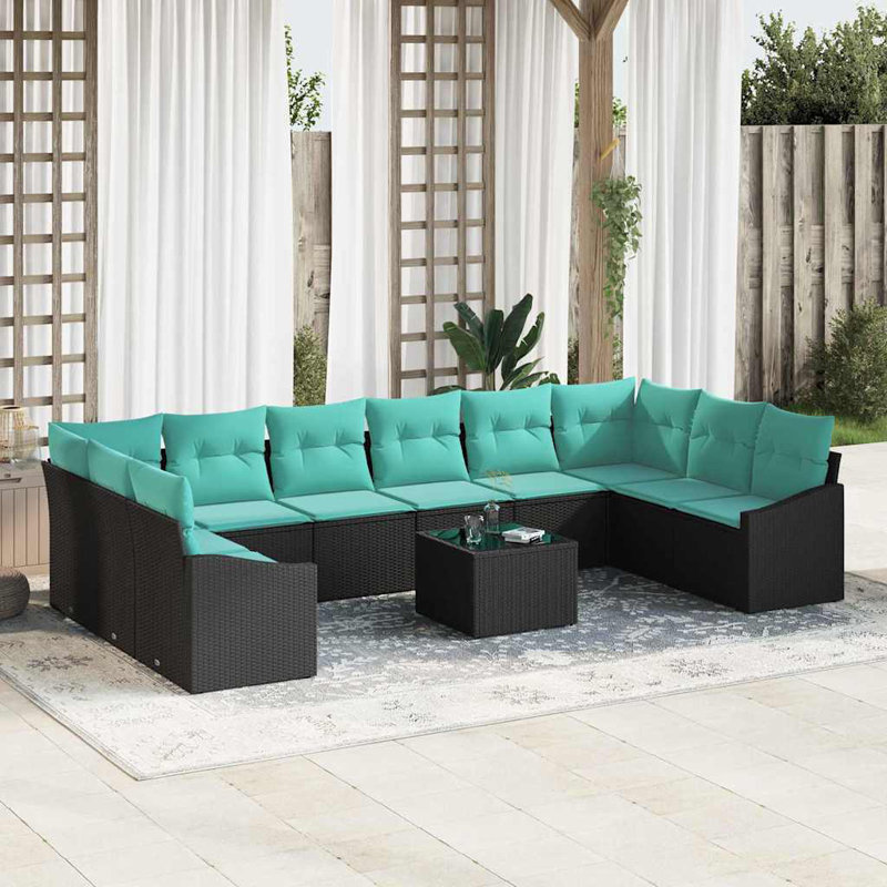 Ensemble de canapé vidaXL avec coussin 11 pièces synthétique noir: rotin de polyester, Coussin bleu / cadre noir