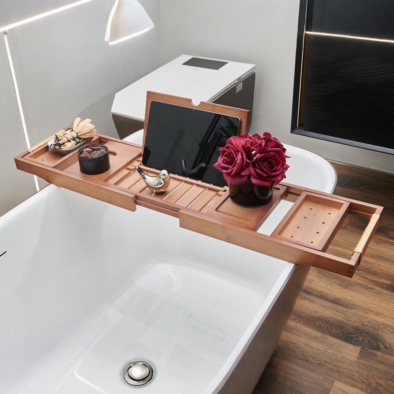 Plateau de baignoire en bambou noyer avec poignées en cuir