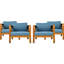 Conversation extérieure: fauteuils club en bois avec coussins bleus, dimensions confortables et tissu imperméable facile à assembler