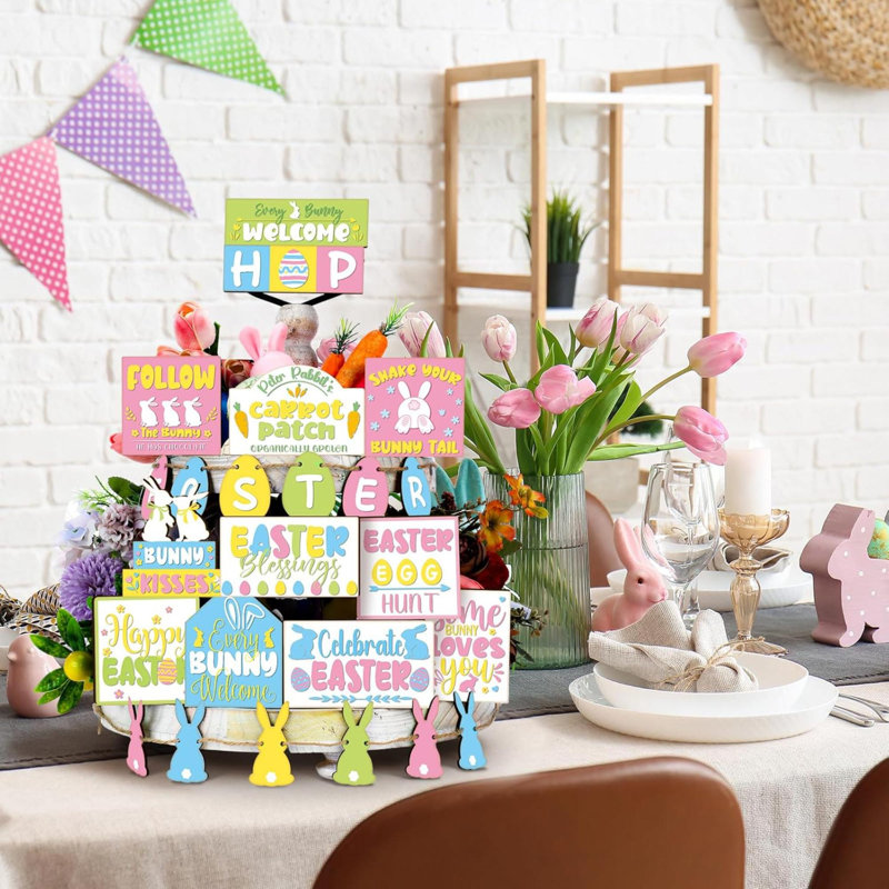 Décoration de Pâques, plateau à plusieurs niveaux, pastel de printemps, panneaux en bois, lapin, bloc d'œufs, maison de campagne décorative, plateau de printemps, décoration de Pâques rustique pour la maison