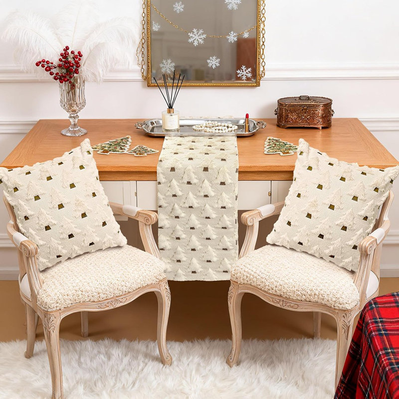 Chemin de table de Noël 13 x 72 pouces doux peluche fausse fourrure jacquard beige arbre de Noël décorations de Noël hiver vacances chemin de table de Noël pour la cuisine de la maison salle à manger décor