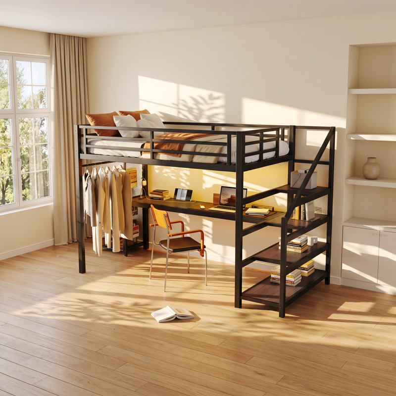 Lit mezzanine simple en métal avec bureau intégré et escalier de rangement Bonwell l 42 po x P 98 po x H 65 po