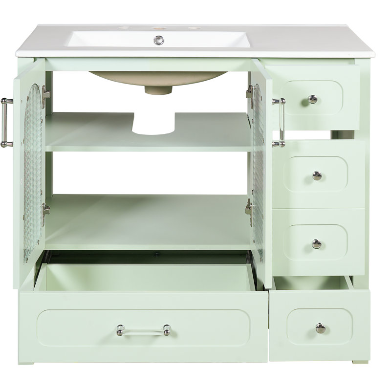 Armoire de salle de bain Keera 36 avec motif gaufré, quatre tiroirs, deux compartiments de rangement, portes en verre, couleur turquoise, poignées modernes, meuble-lavabo à fonctionnalité silencieuse avec tiroirs à texture, Smart