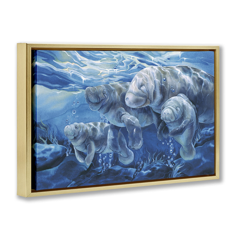 Cadre flottant pour famille de lamantins sous l'eau, design par Jody Bergsma, H 21 po x l 31 po