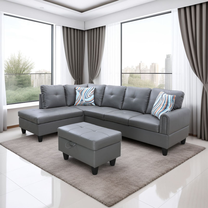 97" Wide Faux Leather Linen Right Hand Facing Stationary Sofa & Chaise with Ottoman, Left Hand Facing, Gray Faux Leather