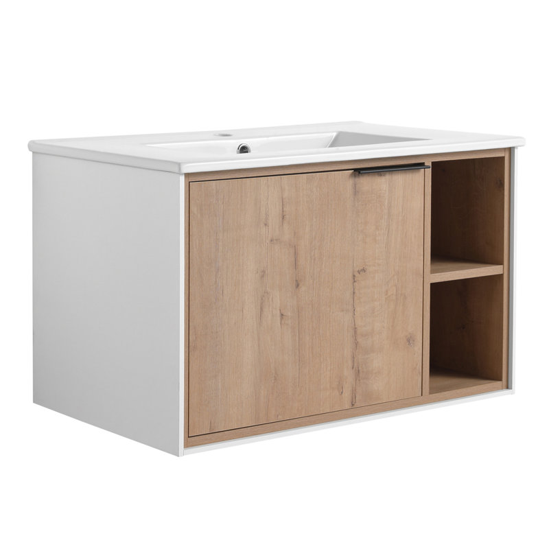 30 in. Imitative Oak Floating Wall Mounted Single Vanity with Ceramic Top