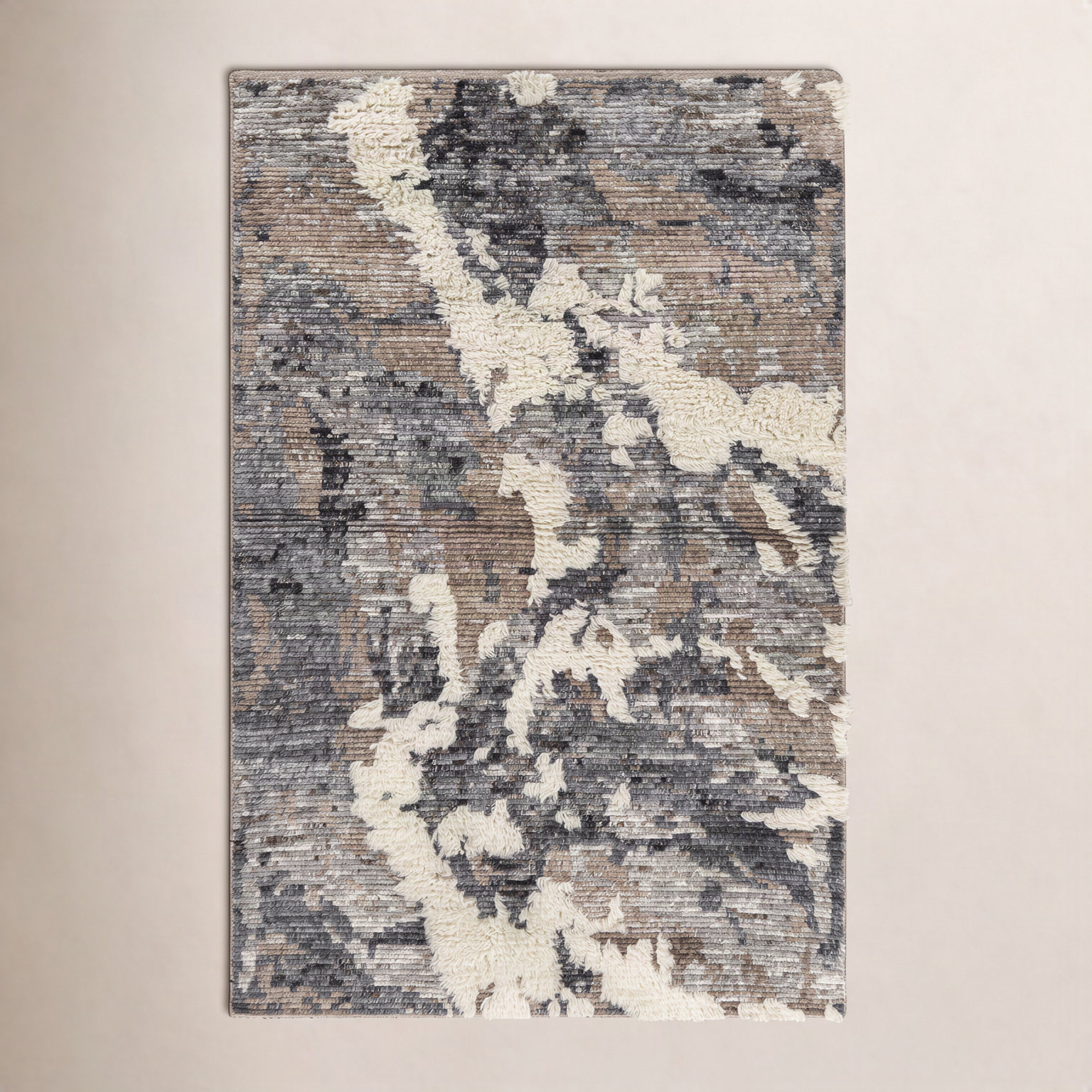 Zubi Dark Brown Cream Hand-Knotted Abstract Rug, Rectangle 10' x 14'