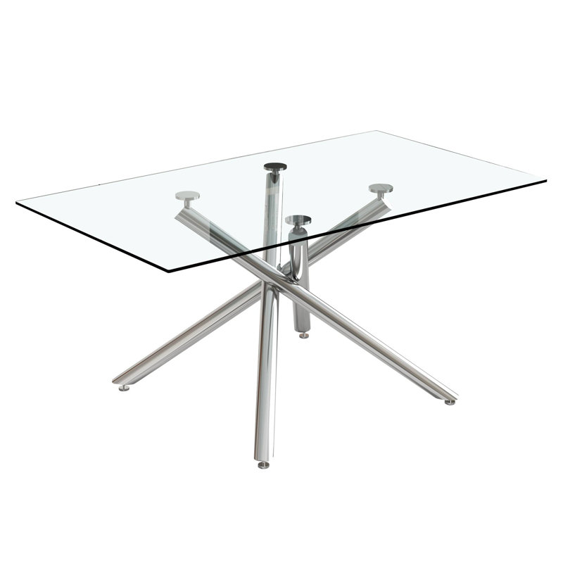  Modern Rectangle Tempered Glass Dining Table with Metal X-Shaped Cross Base, Silver, 29.53" H x 63" L x 35.4" W