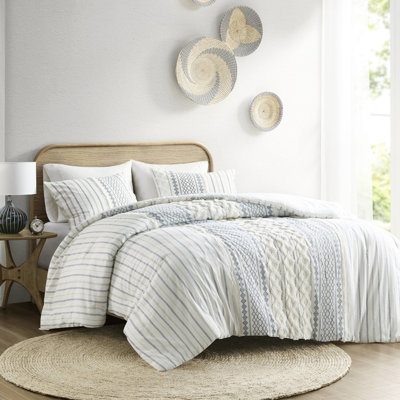 Édredon en chenille de coton grand - blanc et bleu marine avec 2 taies décoratives assorties
