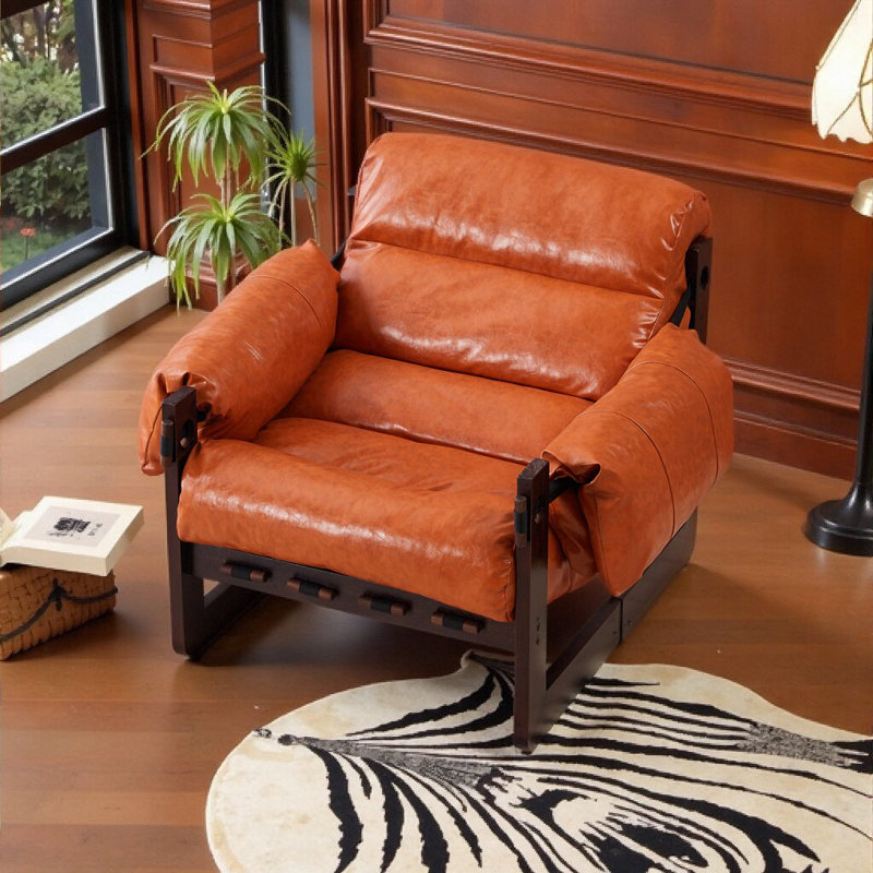 Fauteuil rétro en cuir ciré à l'huile - Confort de type nuage avec mortaise et menuiserie Tenon, Orange