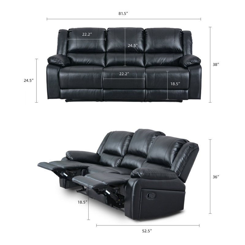 Lasceau 82'' Faux Leather Reclining Sofa, Black Faux Leather