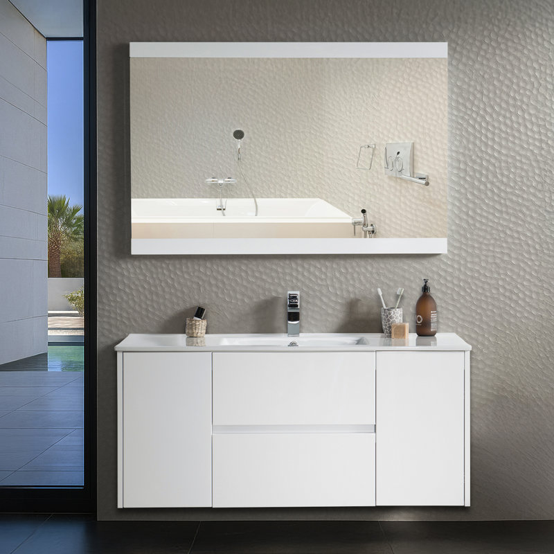 Ensemble de meuble-lavabo mural simple 48 po avec lavabo en céramique et miroir Oquendo, 2 tiroirs, fermeture en douceur, dossier ouvert
