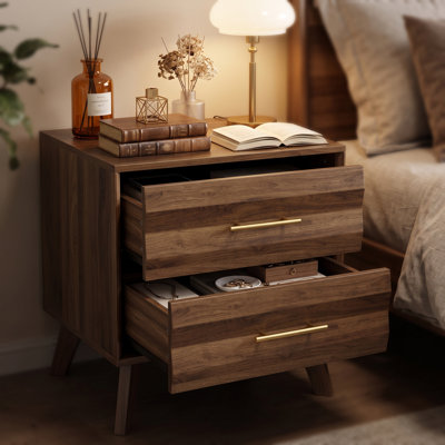 Table de chevet à deux tiroirs, table de chevet minimaliste moderne avec poignées en métal et pieds inclinés en bois massif, table d'appoint polyvalente pour la chambre à coucher ou le salon, unité simple