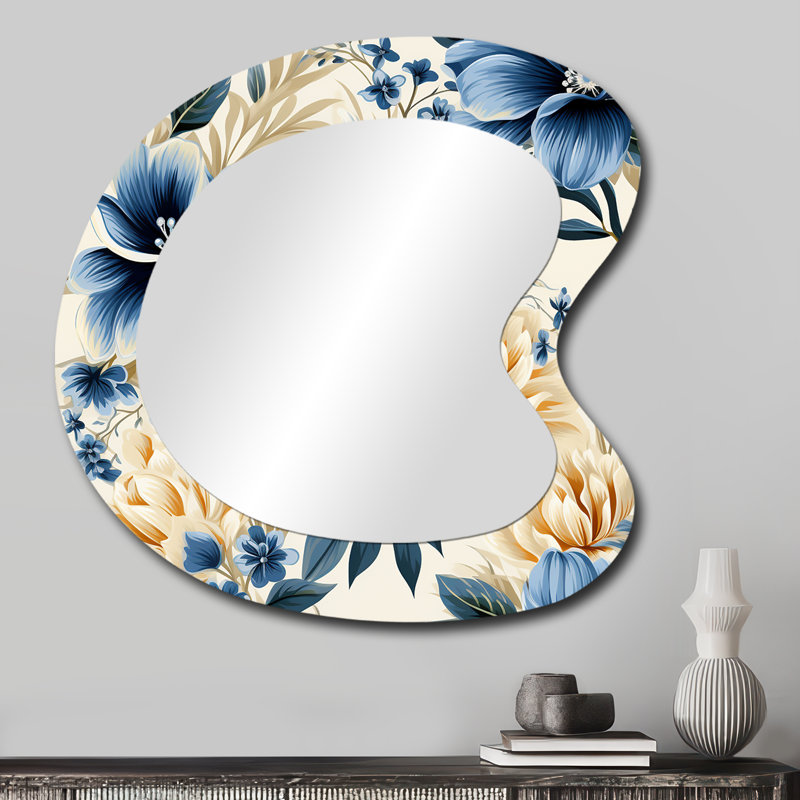 Blue And White Flowers Retreat - Floral Irregular Shape Large Mirror, Cottage Asymmetrical Decorative Wall Mirror, Printed Metal Art