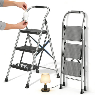 Heavy Duty 3 Step Ladder With Handrails - 600 Lbs Capacity Foldable Step Stool For Home, Kitchen, And Indoor Use, Alloy Steel Construction With Non-Slip Treads